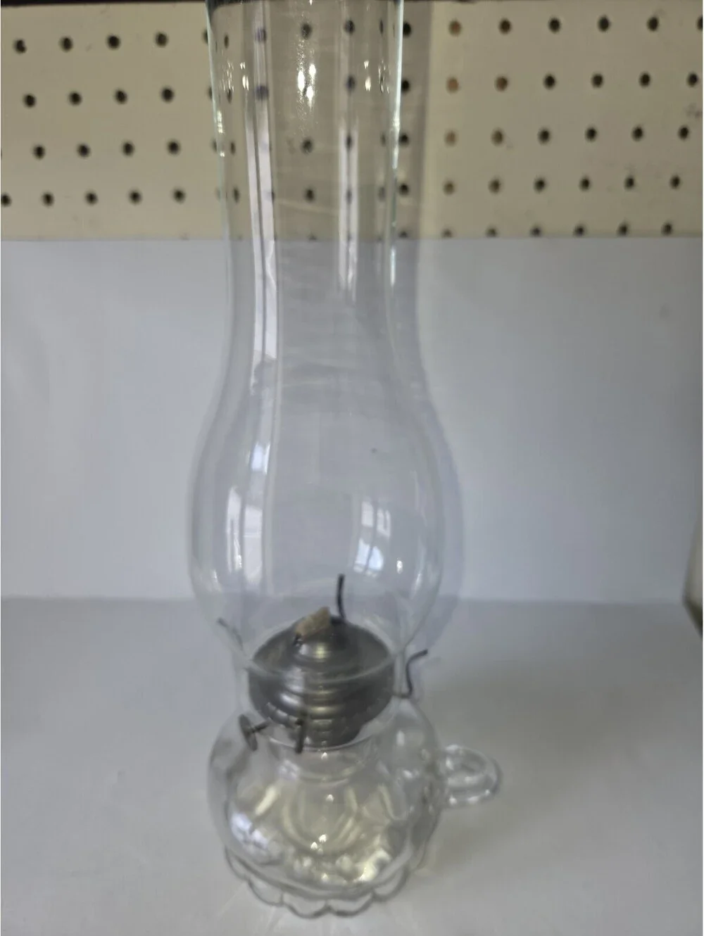 Vintage Lamplight Farms Clear Glass Oil Lamp W/Finger Loop & Scalloped Bottom